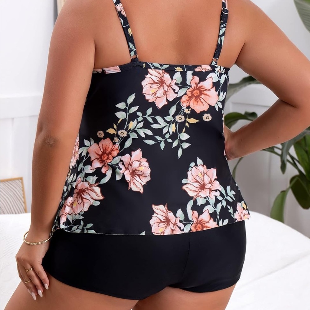 Floral Ruffle Black Swim Dress - Picture 3 of 11